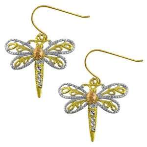  14 Karat Tri Color Gold Dragonfly Dangle Earrings Jewelry
