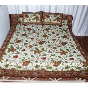 Golden Hand Block Print Bed Sheet Cotton Bedspread with Pillow Covers 