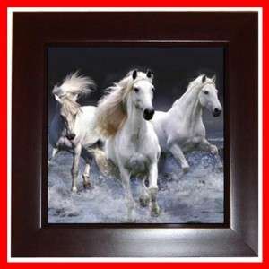 White Horses Running Wall Decor Framed Tile, Art  