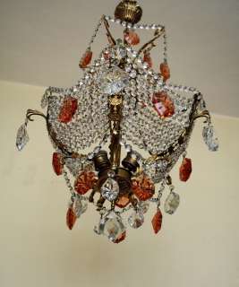 Antique Brass & Crystals Special Design Chandelier Pendant RARE 1950s 