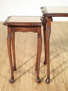 Antique Solid Oak Regency Nesting Tables Set w/Glass Top, Leather (3 