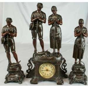  Antique French Art Nouveau Mantle Clock Praying Farmers 