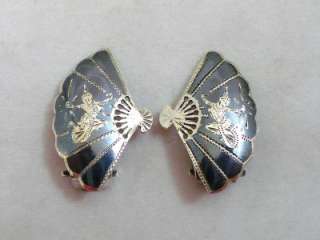 Vintage Sterling Silver Fan Shaped Clip On Earrings Made in Siam 