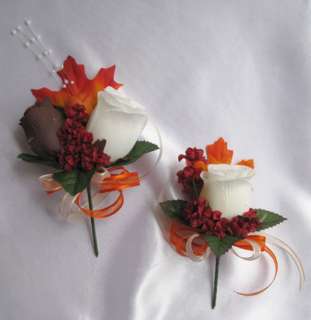 21pc Bridal Bouquet wedding silk flowers FALL BROWN ORANGE BURGUNDY 