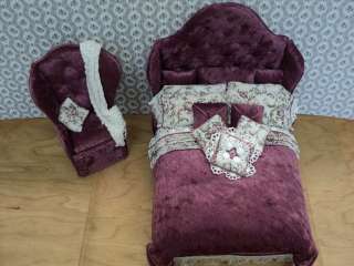 Miniature Hand Made Bed & Chair/Rose Pink Velvet  