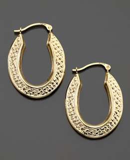 14k Gold Hoop Earrings, Oval Quilt