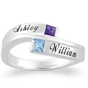 10K White Couples Square Birthstone Name Ring   Personalized Jewelry
