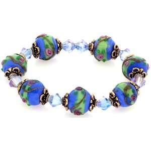   Blue Rose Flower Swirl Glass Bead Stretch Bracelet with Crystals (Blue