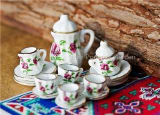 Dollhouse Miniature China Tea Set Cup Dish Pot Kettle  