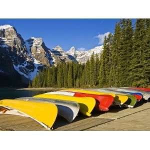 Moraine Lake and Rental Canoes Stacked, Banff National Park, Alberta 