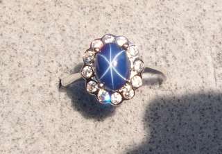   CRNFLR BLUE STAR SAPPHIRE CREATED RHOD .925 SILVER CLUSTER RING  
