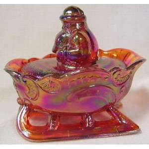  Red Carnival Glass Santa Claus on Sleigh Covered Dish 
