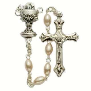 First Communion Oval Pearl Bead Quality Chalice Rosary  