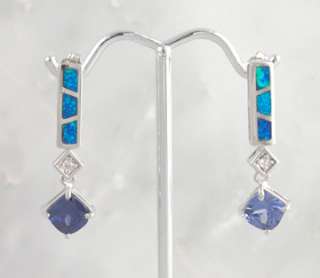 Sterling Silver Blue Opal Tanzanite CZ Post Earrings Cubic Zirconia 