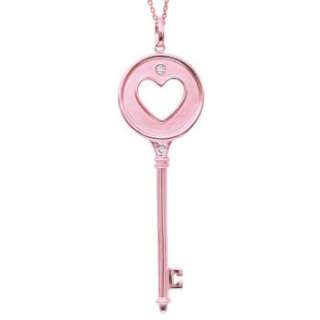 Diamond Heart Circle Key Pendant Necklace 14k Rose Gold  