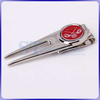 Silver Tone Golfer Golf Hat Clip Divot Tool Groove Cleaner with Ball 