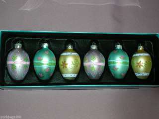 Set/6 BLOWN GLASS~PAINTED GLITTER EGGS~EASTER ORNAMENTS  