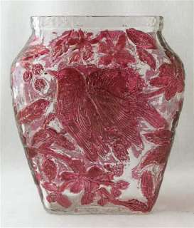 Consolidated art glass magenta stained CHICKADEE vase  