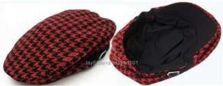 Mens Black Red Houndstooth Golf Ivy Hat Flat Cap Lined  