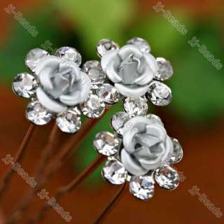 10p Clear Crystal Silvery ROSE Wedding Bridal Hair Pins  