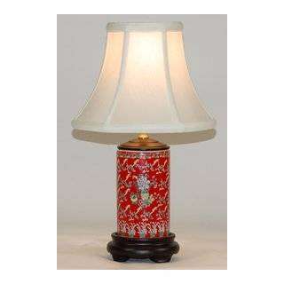 Small Red Porcelain Accent Table Lamp with Yellow & Green