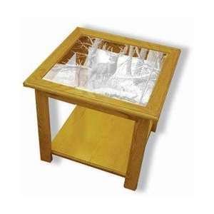  Oak Etched Glass End Table   After The Season (Deer)