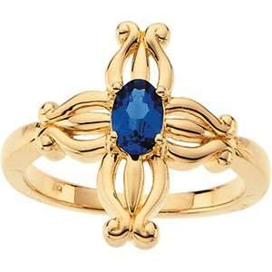  14k Yellow Gold Contemporary Cross Ring Sapphire 6x4mm Sz 