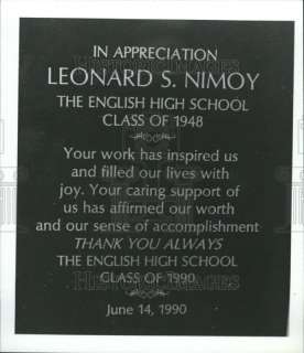 1990 Leonard Nimoy High School Appreciation Plaque  