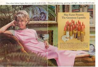 1966 Max Factor Geminesse Lipsticks   Vintage 2pp Ad  