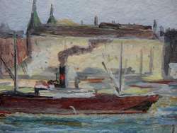 Watercolor. Copenhagen Harbor. Signed and dated 1944  