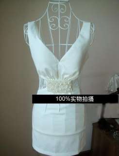 Korea Women Sexy White Low Cut Pearl Lace Hollow Dress with Chest Pad 