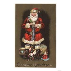 Christmas Greetings   Santa Stuffing Stocking with Nutcracker Giclee 