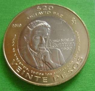 2010 Mexican coin $20 Octavio paz Bimetallic BU  