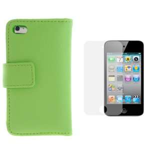 Green Wallet Leather Case + LCD Screen Protector for Apple iPod Touch 