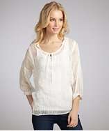 Isabel Lu white embroidered silk three quarter sleeve v neck blouse 