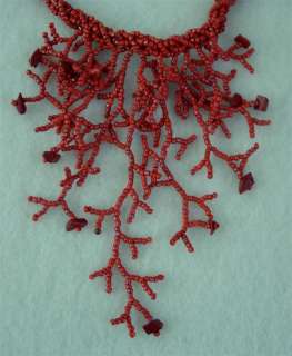 Cascade Seed Bead Coral Color Branch Bib Necklace  