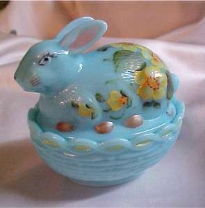 Mosser Glass Hand Painted Blue Bunny on Nest Trinket Box New  