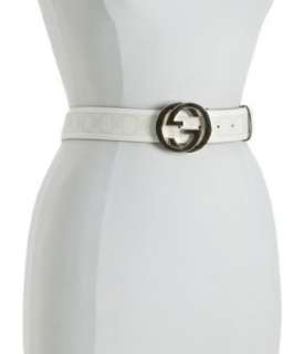 Gucci white GG plus and leather logo buckle belt   