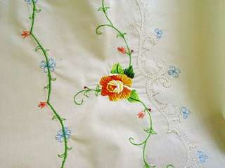 Vintage Tablecloth Oval Ecru Embroidered Roses Scalloped Edges  