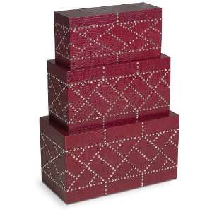    Set of 3 Red Faux Leather Nailhead Decorative Boxes