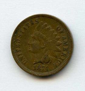 1874 INDIAN HEAD One Cent FULL LIBERTY Penny 1¢ Coin   Better DATE 