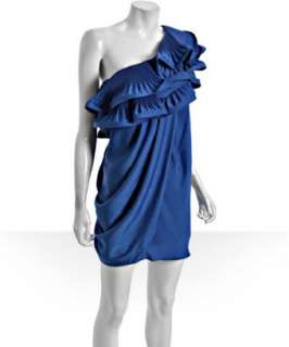 BCBGMAXAZRIA larkspur blue one shoulder pleated ruffle dress   