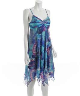 Sue Wong blue floral silk chiffon handkerchief dress   up to 