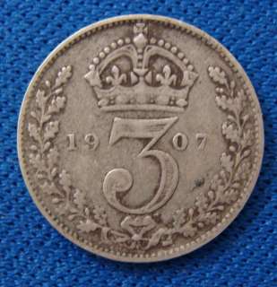 1907 Great Britain 3 Pence Silver Coin 2210  