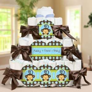  Monkey Boy Personalized Square   3 Tier Diaper Cake   Baby 