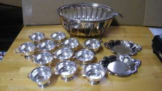 Vintage Silverplate Punch Bowl Set With 12 Cups And Ladle Silver 