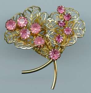   Vintage Baby Pink Rhinestone Goldtone Filigree Floral Spray Brooch Pin