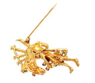 14K YELLOW GOLD, RUBIES & SAPPHIRES SCOTSMAN PLAYING A BAGPIPE BROOCH