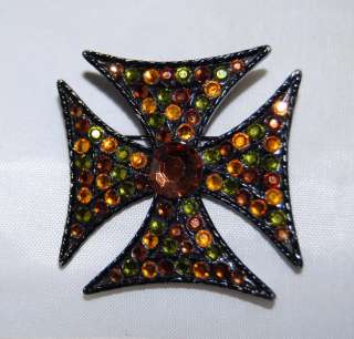 Vintage Capri Maltese Cross Amber White Rhinestone Pin  