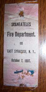 1897 FIREMAN RIBBON SKANEATELES FD NY EAST SYRACUSE  